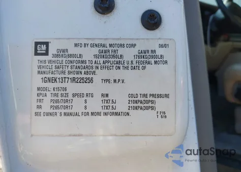 2001 Chevrolet Tahoe Ls z USA, uszkodzony, nr VIN 1GNEK13T71R225256